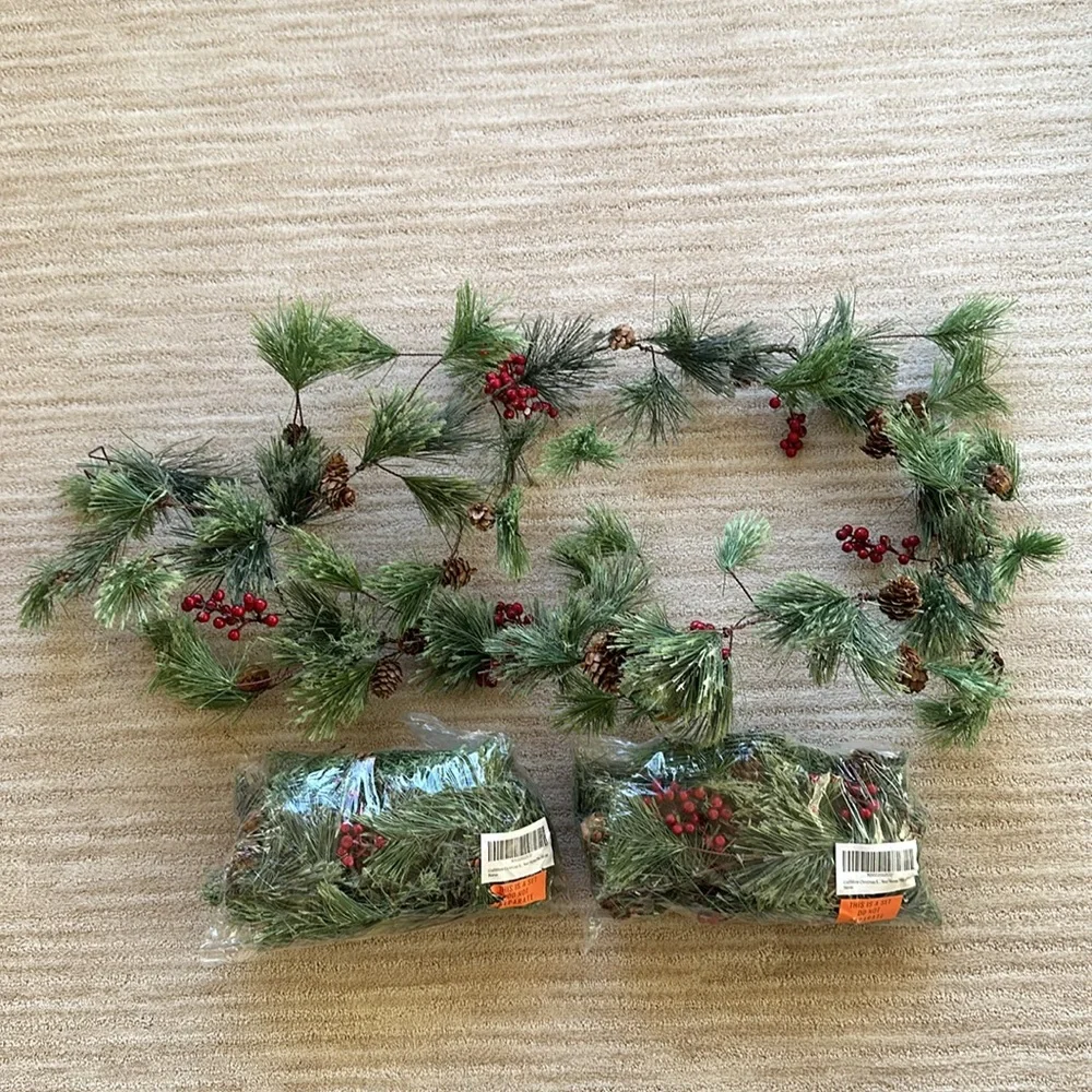 Set of 3 CraftMore Christmas Smokey Pine and Red Berry Garland 6 Feet Strands